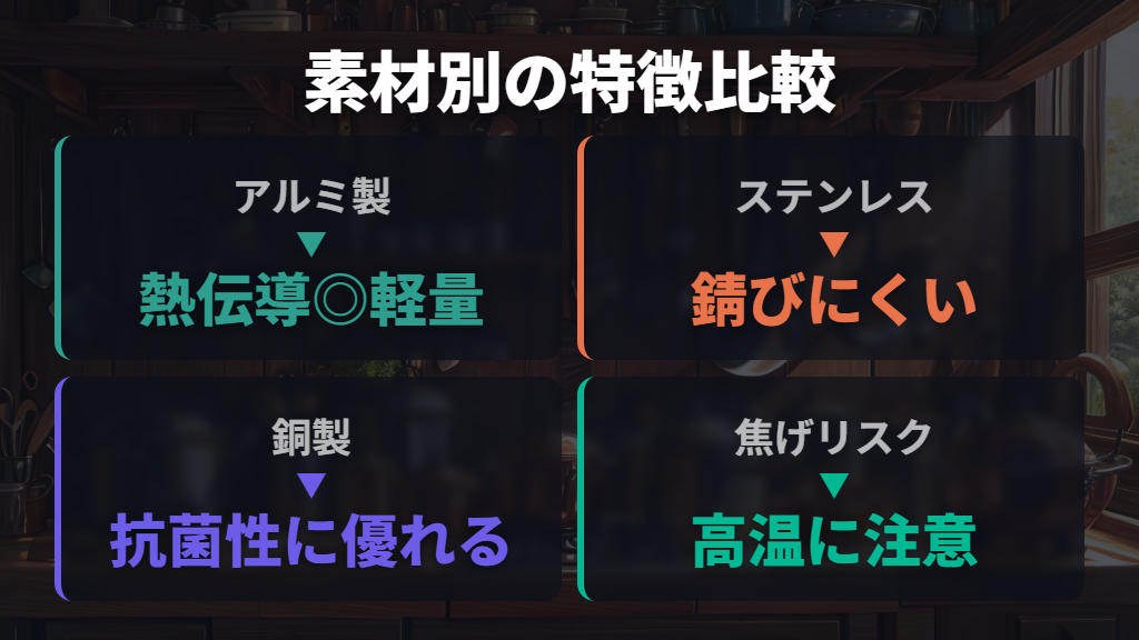アルミ製とステンレス製・銅製の違いと焦げ付きリスク