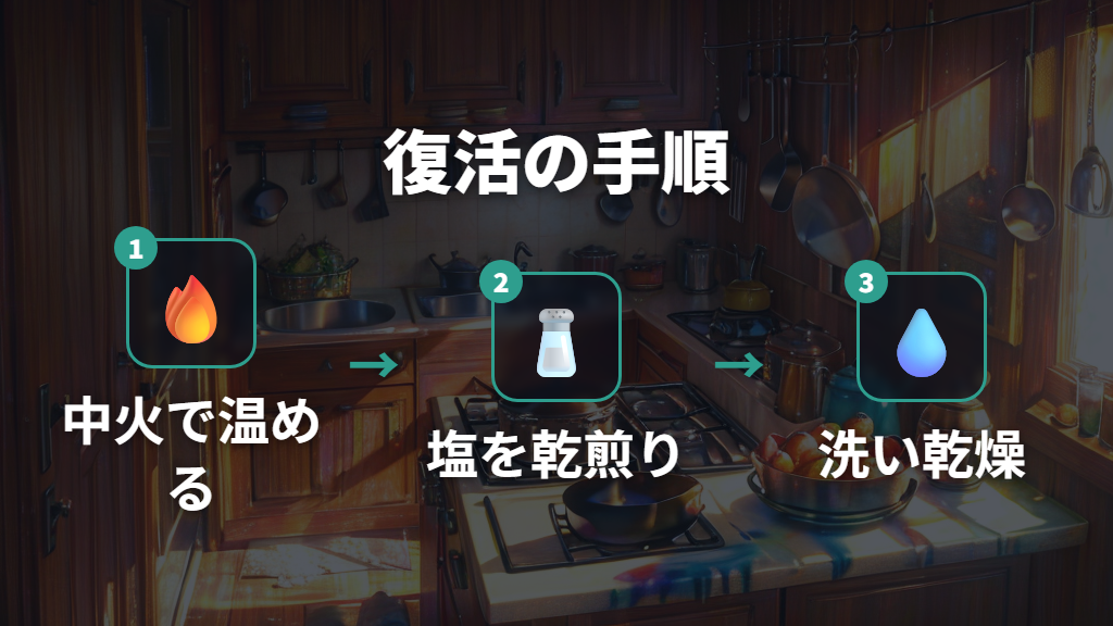 中火で塩を乾煎りするフライパン復活の手順(6ステップ)