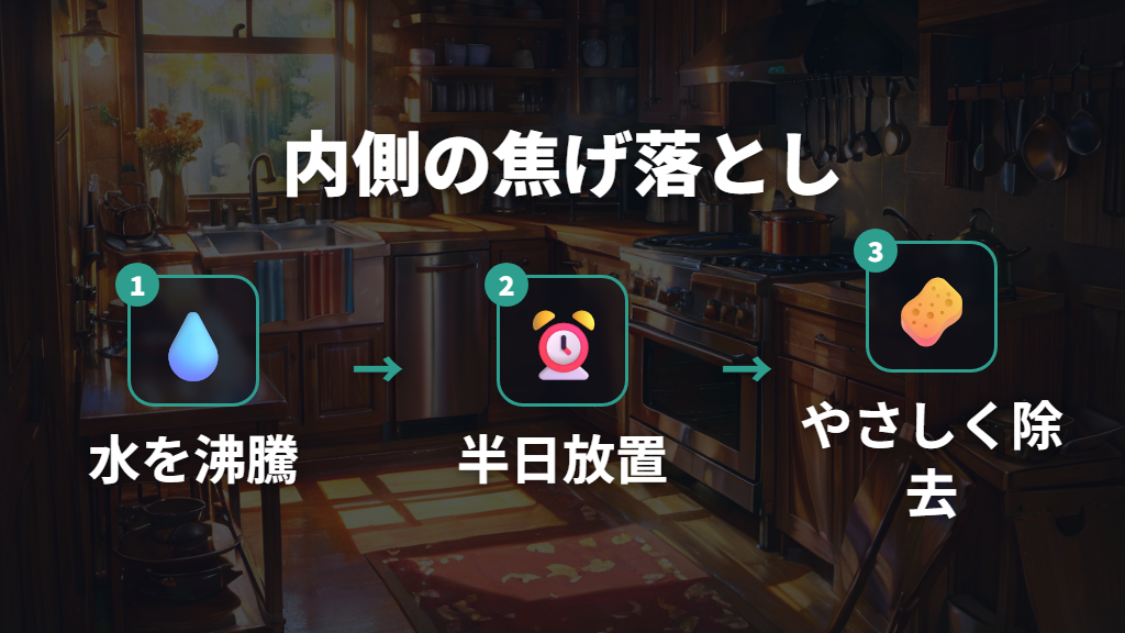 内側の焦げには水の沸騰放置が基本、重曹・酢も効果的