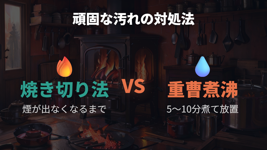 頑固な黒い汚れは焼き切りと重曹煮沸で落とす