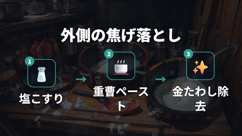 鉄フライパン外側・底の焦げ蓄積の落とし方