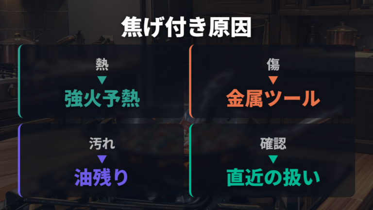 テフロンが焦げ付く主な原因は熱と傷と汚れに分かれる