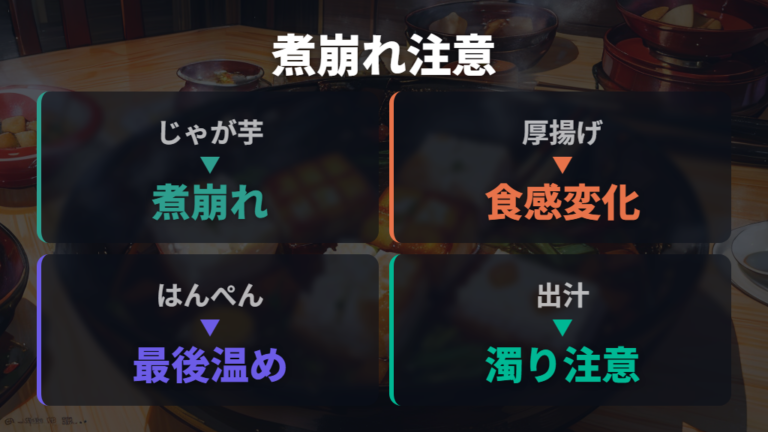 煮崩れしやすい具材はじゃがいも・厚揚げ・はんぺんに注意する