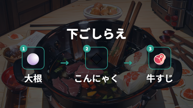 下ごしらえが必要な具材は大根・こんにゃく・牛すじを先に整える