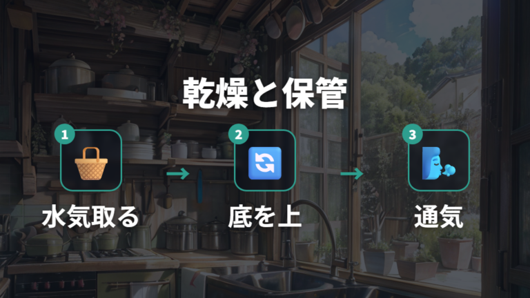 カビを防ぐ乾燥と保管のコツは底面を上にして通気を作る