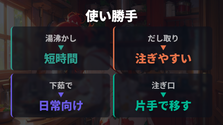 雪平鍋一般の使い勝手は湯沸かしとだし取りに出やすい