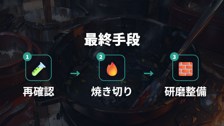 蓄積した焦げの落とし方は焼き切りと研磨を最終手段にする