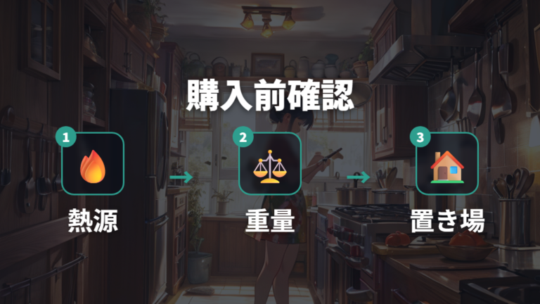 対応熱源と重さの確認は購入前に済ませる