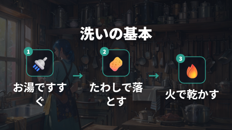 使用後すぐの基本の洗い方はお湯とたわしから始める