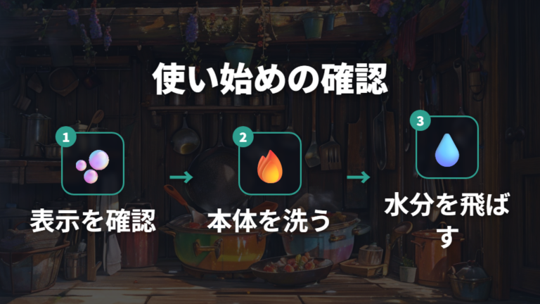 使いはじめの洗浄と水分飛ばしは製品表示に沿う