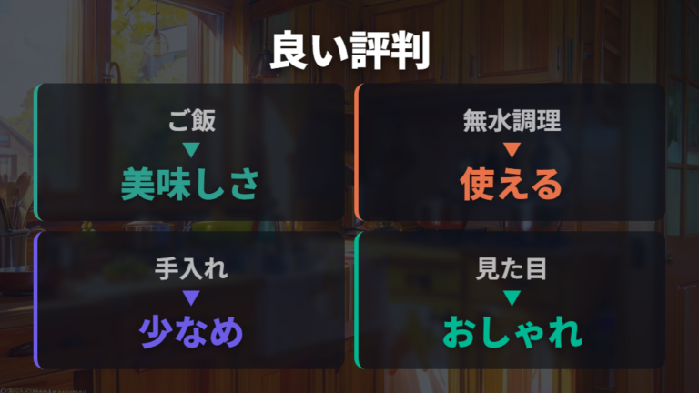 参照した口コミではご飯と無水調理が評価されている