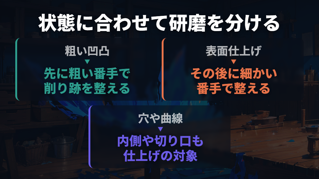 紙やすりは、形を整える工程と仕上げを分ける