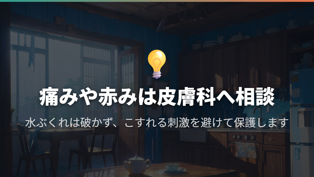 痛み・赤みがあるときや、水ぶくれが続くときは皮膚科へ
