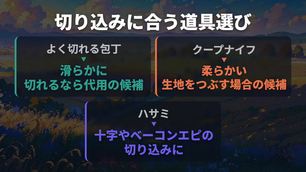 包丁・クープナイフ・ハサミを切り込みの形で使い分ける