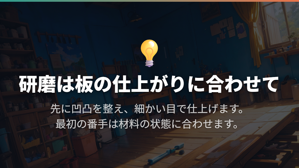 研磨は凹凸を整えてから細かい目で仕上げる