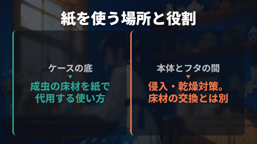 コバエ対策では、床に敷く紙とフタに挟む紙を区別
