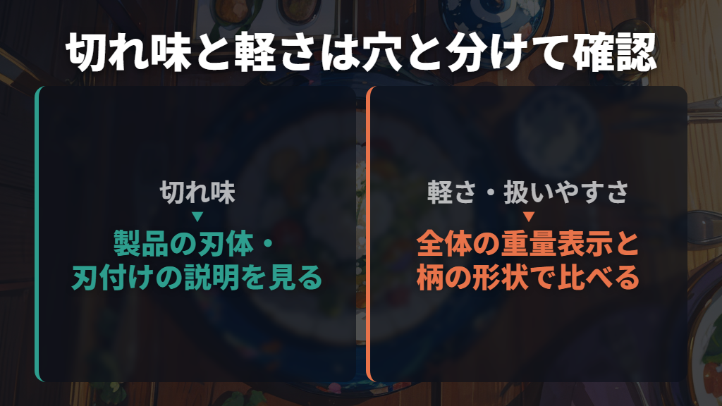切れ味のよさや軽さは、穴とは分けて比べる