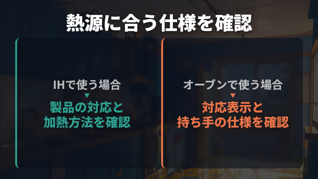 IHは製品の対応と加熱方法、オーブンは持ち手まで確認する