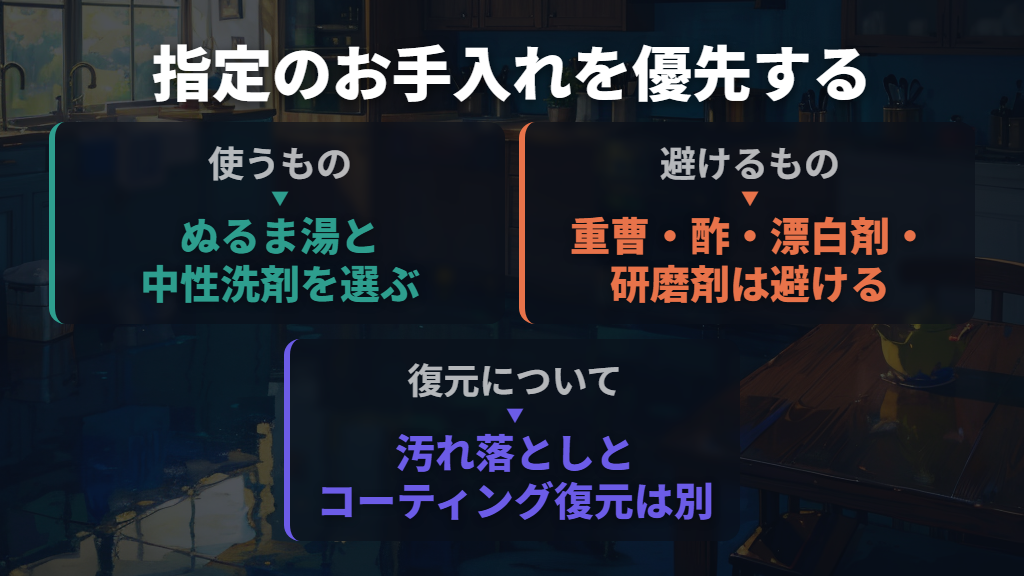 重曹や塩で復活させるより、指定のお手入れを優先