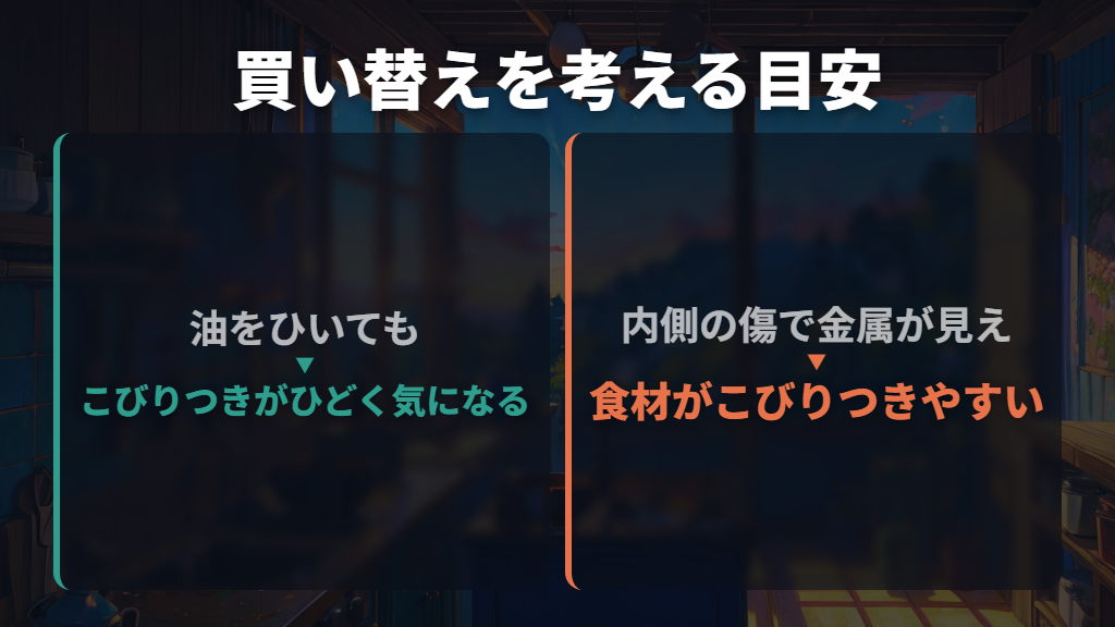 洗ってもこびりつくときは、コーティングの状態も見る